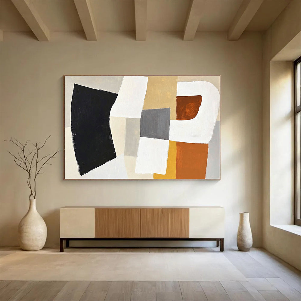 Large abstract painting in white and grey with orange accents featuring soft black shape and beige square in balanced composition.SC513