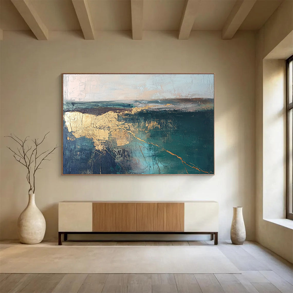 Large abstract painting featuring a green and blue lake landscape with golden cracks in neutral tones, perfect for modern decor.SC113