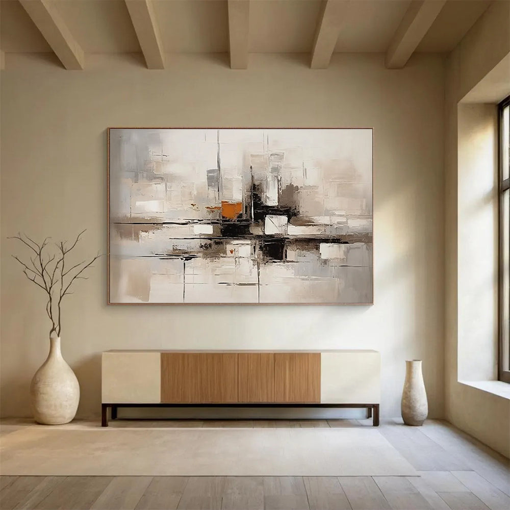 Gray Orange Abstract Painting with Architectural Abstraction THY322
