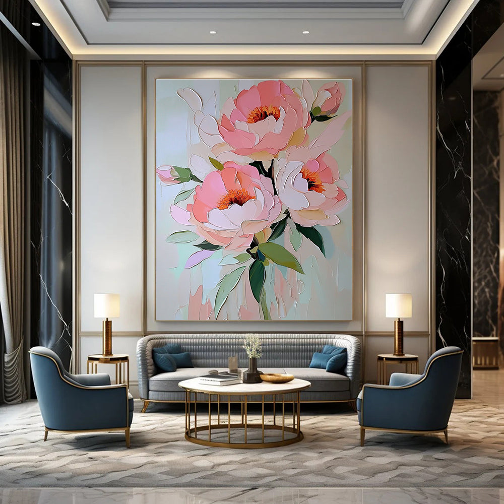 Abstract painting featuring soft pink peonies with pastel colors in an elegant oil on canvas style for a serene floral decor.STSC1413