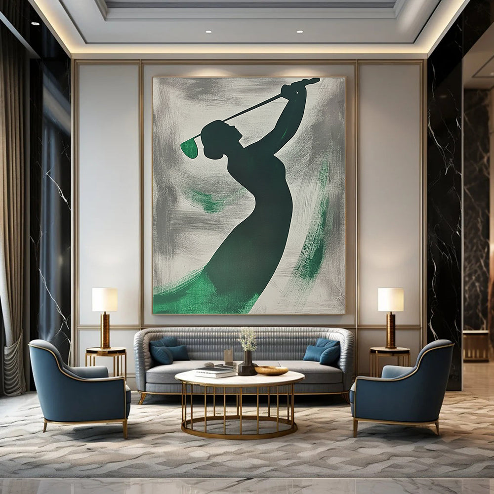 A large abstract painting featuring a silhouette of a woman playing golf with emerald green brushstrokes on a grey background.STSC1065