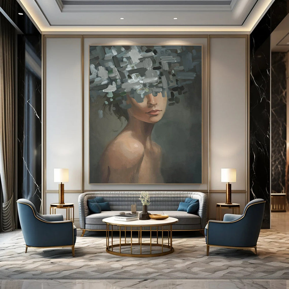 Gray and White Floral Head Woman Abstract Painting ADGE328