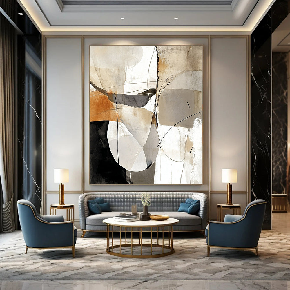 Large abstract painting featuring white black gray and beige lines with brown and light orange accents on a clean white background.STSC438