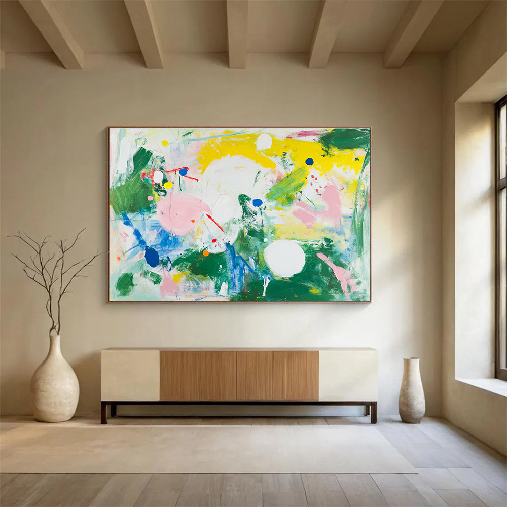 Colorful Abstract Painting with Dots and Shapes in Green Yellow Pink DYP390