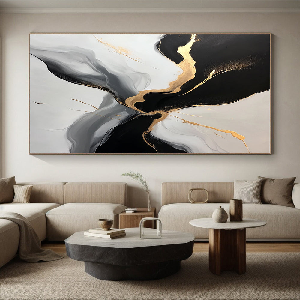 Black Gold and Gray Abstract Painting with Flowing Forms GER510