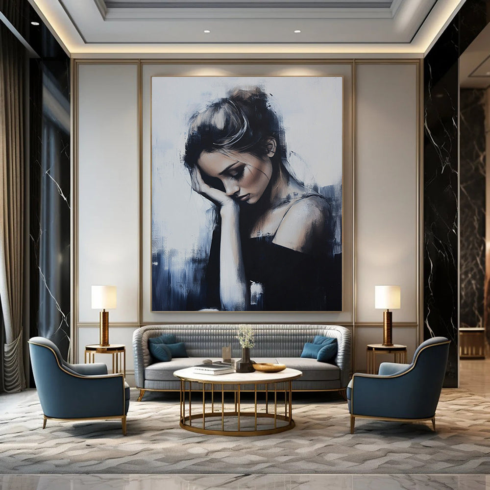 Abstract painting featuring a woman in soft tones with elegant figures and broad brushstrokes set against a minimalist background of gray and blue hues.STSC1266