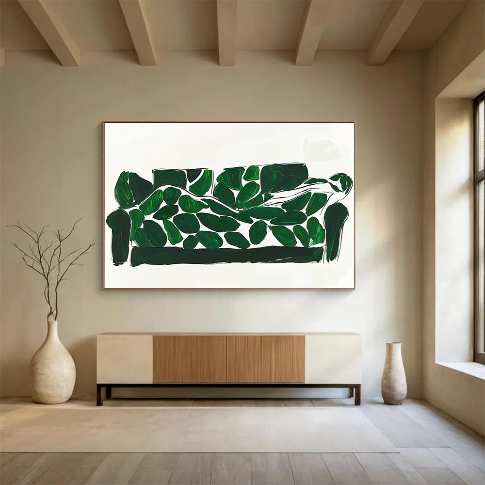 Green and White Abstract Painting of a Leaf - Covered Sofa DYP142