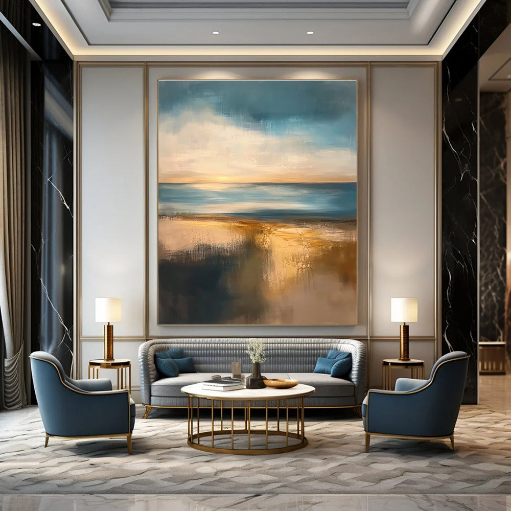 Large abstract painting featuring muted colors at golden hour with soft edges and tranquil sea reflections creating a serene atmosphere.STSC076