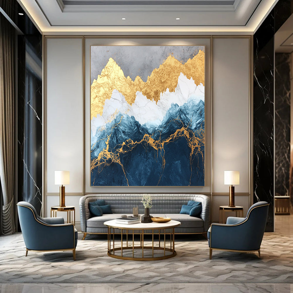 Large abstract marble and gold painting of mountains in deep blue and white with golden accents showcasing luxurious texture and detailed elegance.STSC123