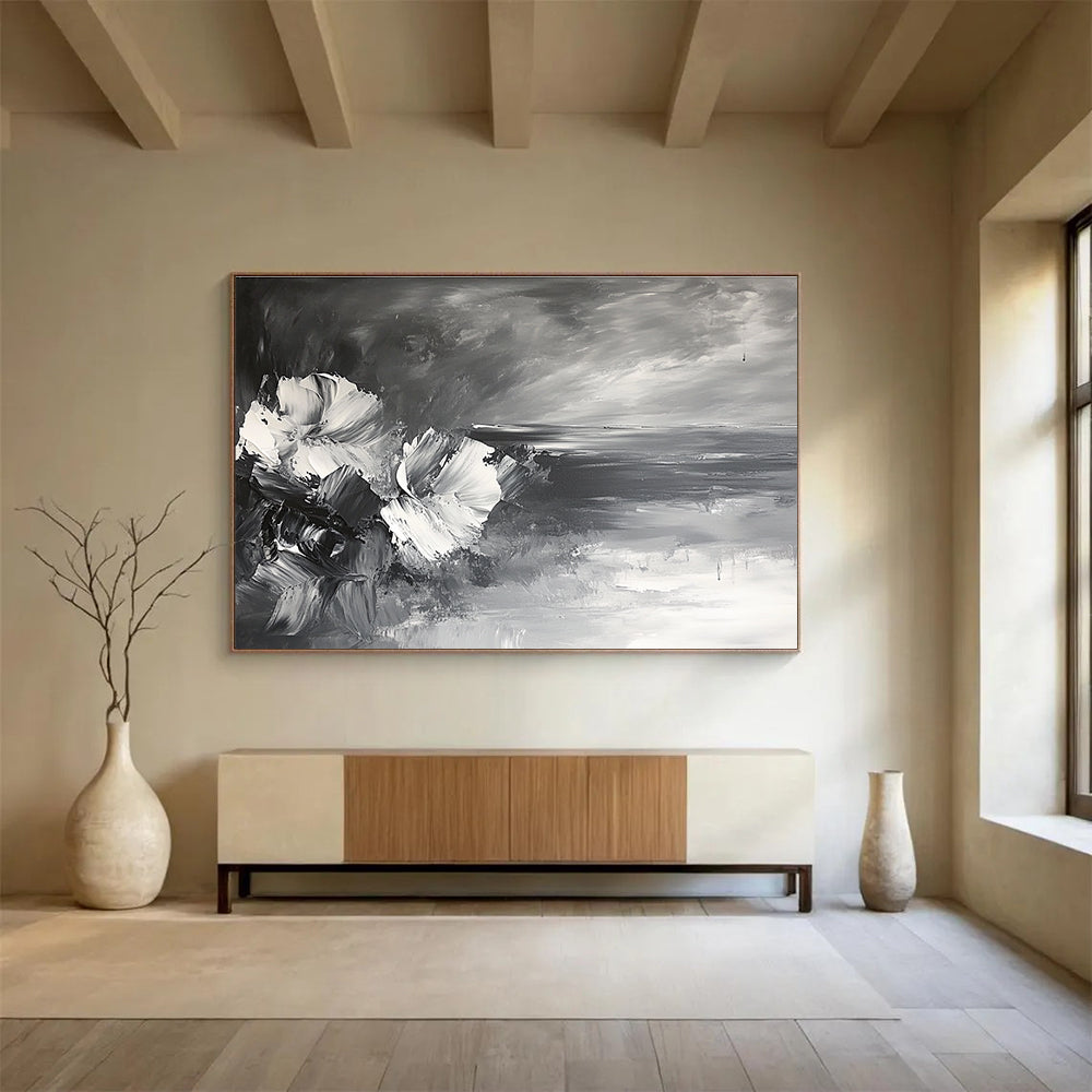 Black and White Flower and Sea Abstract Painting with Impasto Technique DYP177