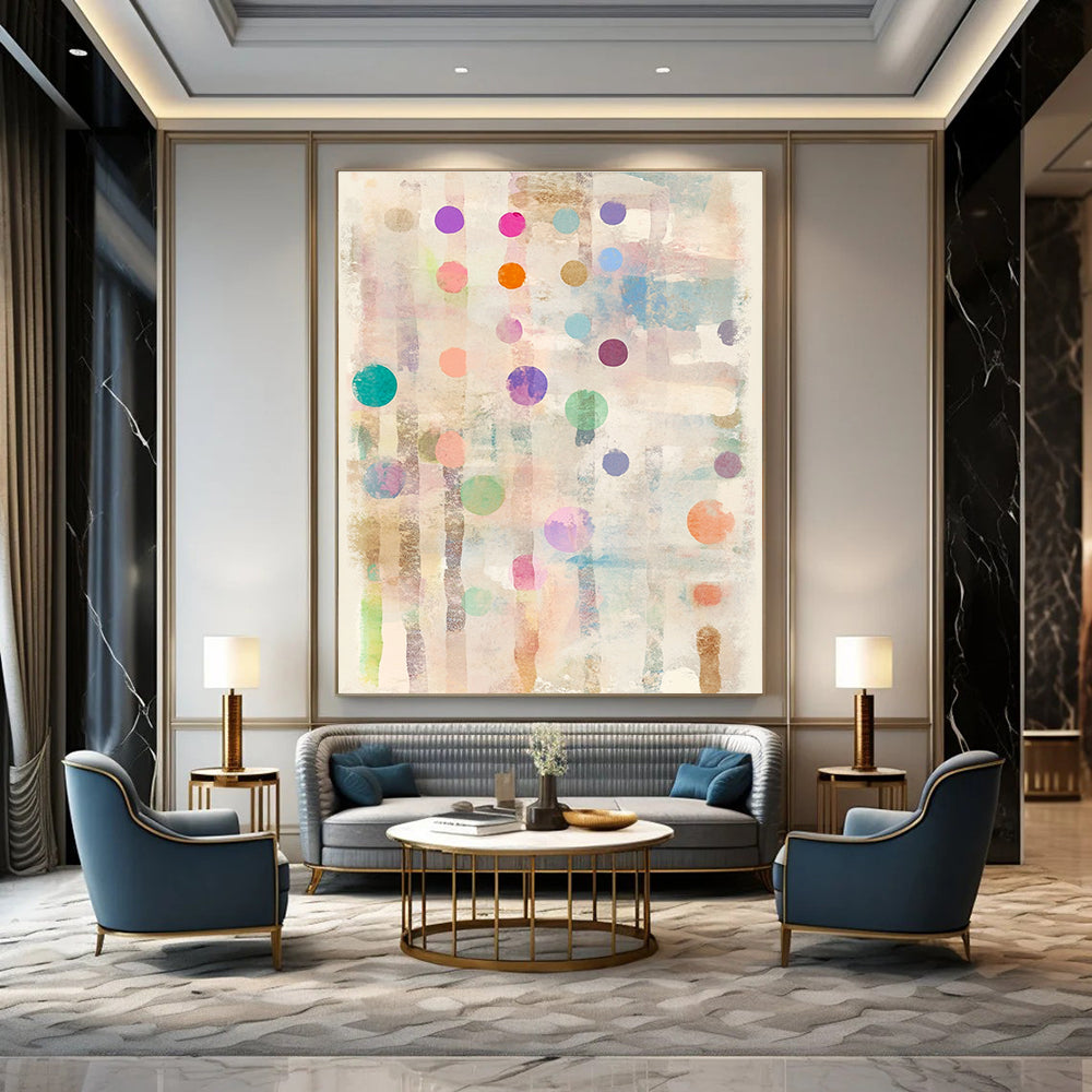 Large abstract painting on paper with pastel polka dots and stripes adorned with tiny hearts and stars at each dot's edge.STSC722
