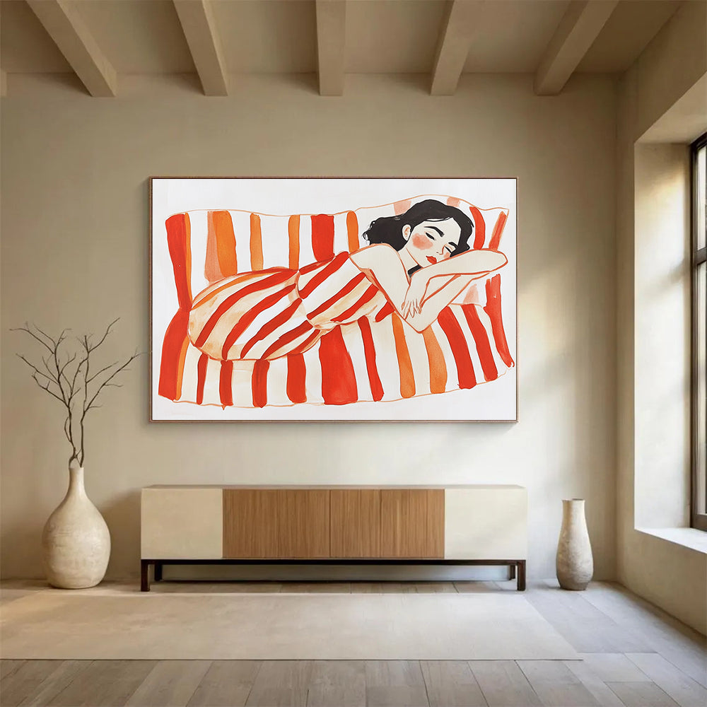 An abstract gouache illustration features a woman on a striped couch with bright red and orange stripes against a white background.SC573