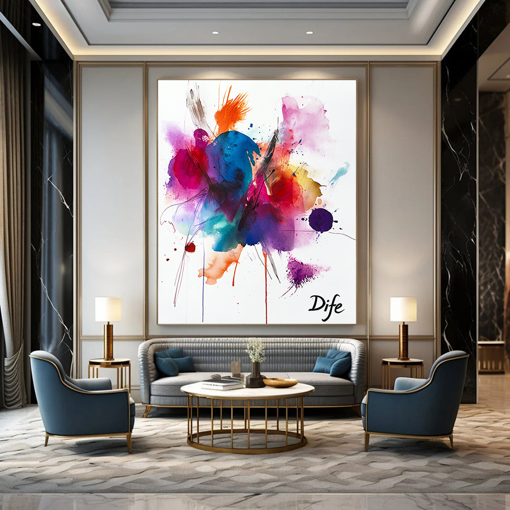 Large abstract watercolor with vibrant colors and expressive strokes featuring joyful organic shapes and textures radiating positivity and creativity.STSC1047