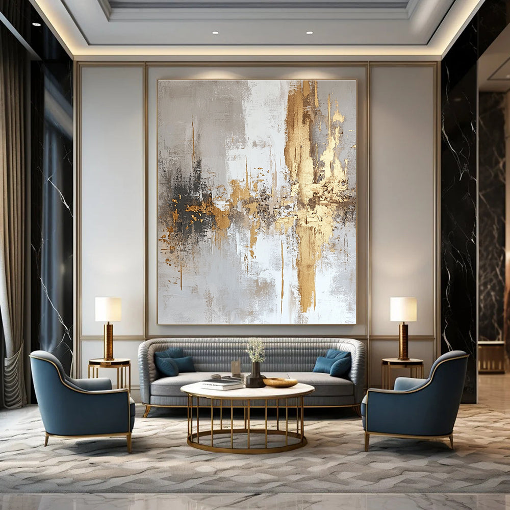 Large abstract painting featuring white and gold textures with light gray background and elegant gold foil accents.STSC508