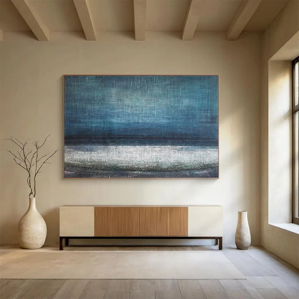 Textured Sea Abstract Painting with Deep Blue and White Tones THY154
