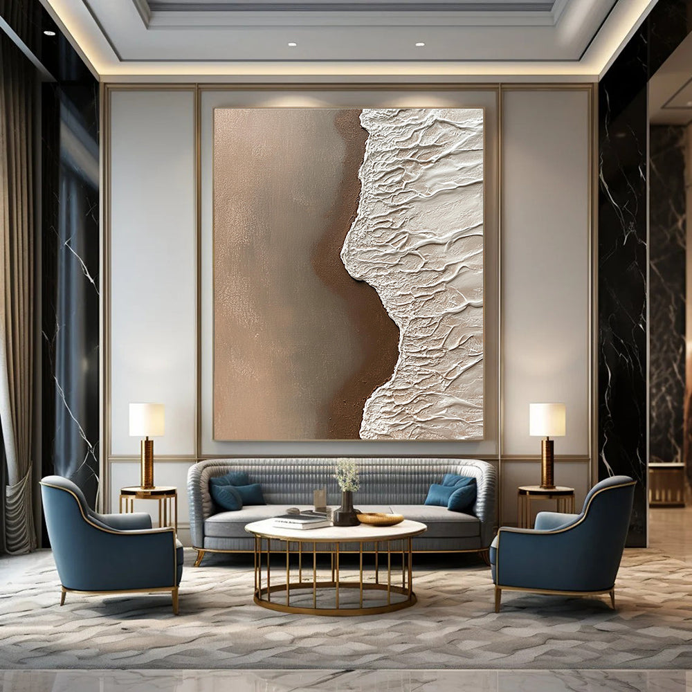 Abstract painting of sand meeting water with intricate details of grains in natural tones creating a tranquil coastal atmosphere.STSC954