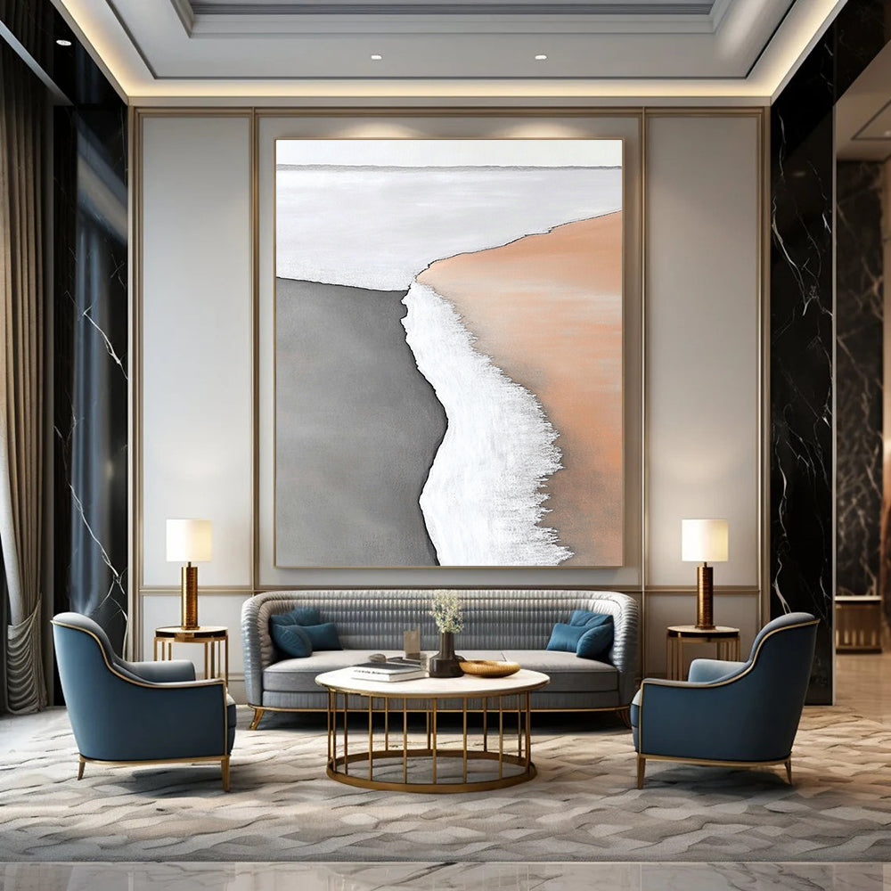 Abstract painting capturing the serene boundary of water and land with white sand and subtle hues of light orange and brown in a minimalistic style.STSC550
