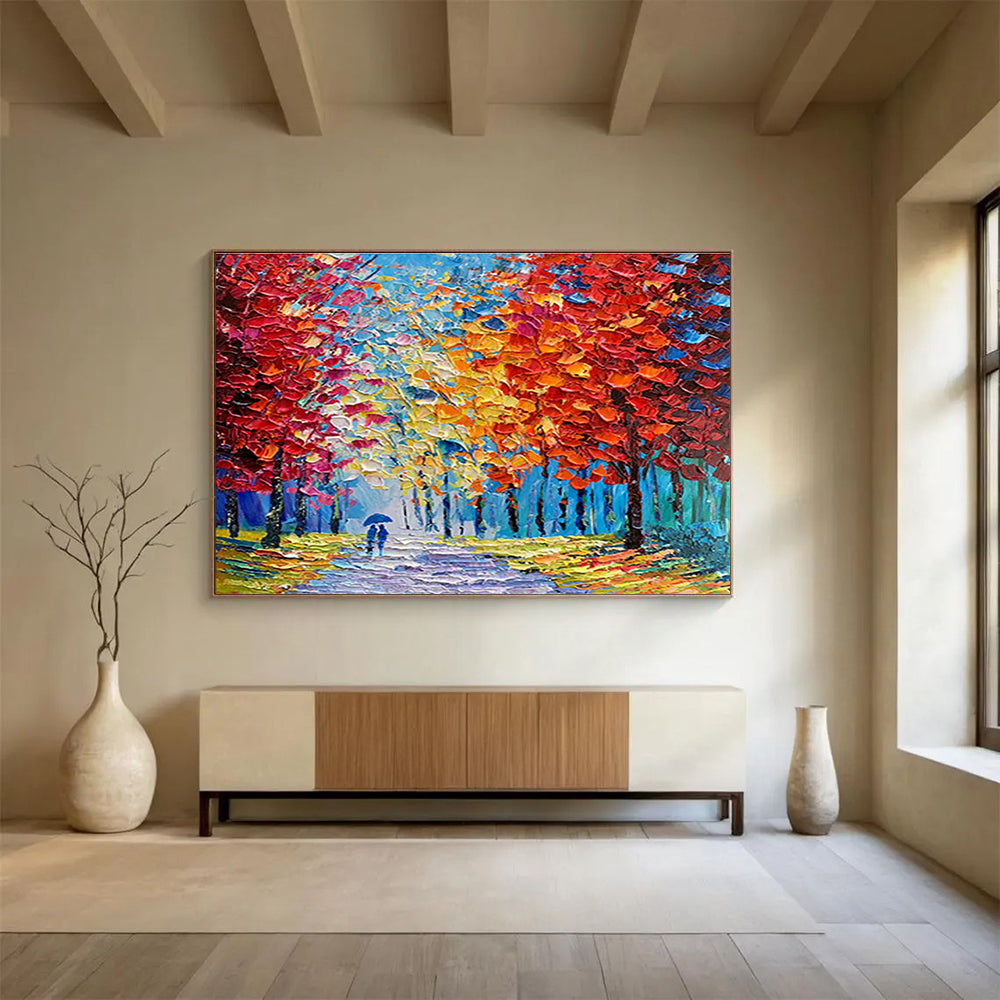 Autumn Path Abstract Painting with Red, Yellow, and Blue Tones THY200