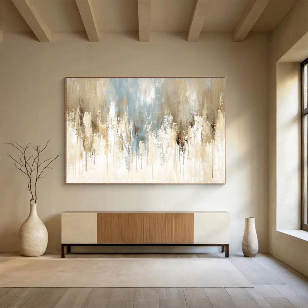 Large abstract painting featuring soft beige and light blue tones with vintage oil texture and elegant paint drips on canvas.SC009