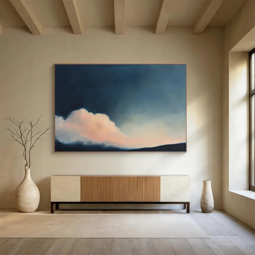 A large abstract painting of clouds in soft pink and dark blue, inspired by Cecily Mary Barker's atmospheric style.SC408