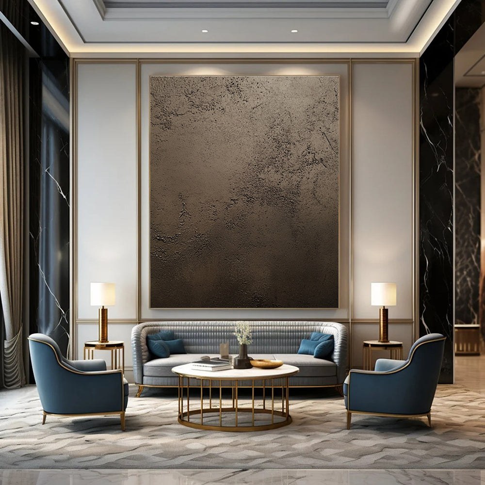 An abstract painting showcasing dark brown stucco texture with intricate details and natural features highlighted by soft lighting in a neutral palette.STSC889