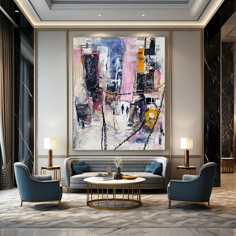 Large abstract painting featuring an urban landscape with mixed media elements in pastel colors and dynamic textures of fabric and metal.STSC666