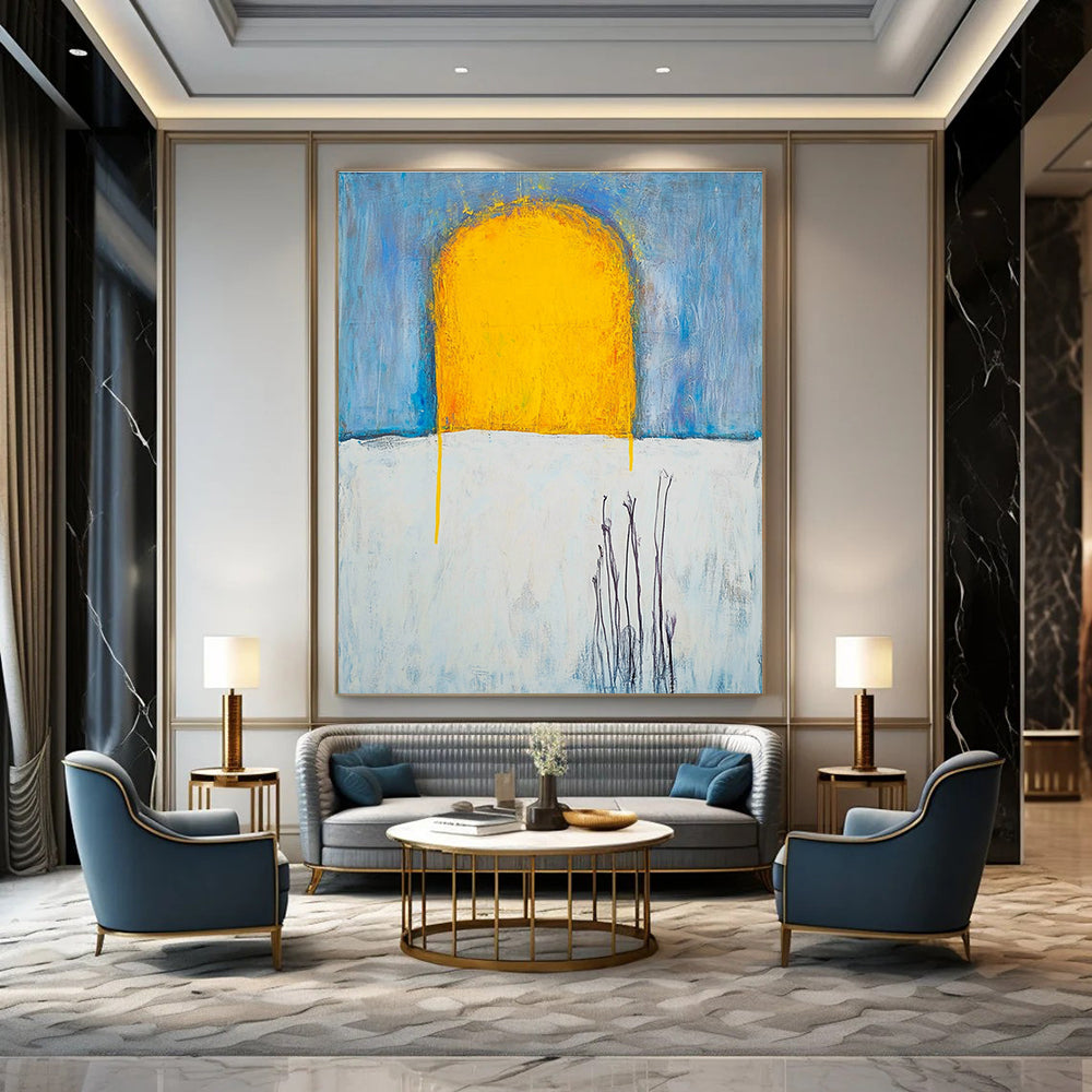 Large abstract painting with yellow sun rays on a white sky featuring textured oil paint and visible brush strokes inspired by Duchamp and Beksiński.STSC370