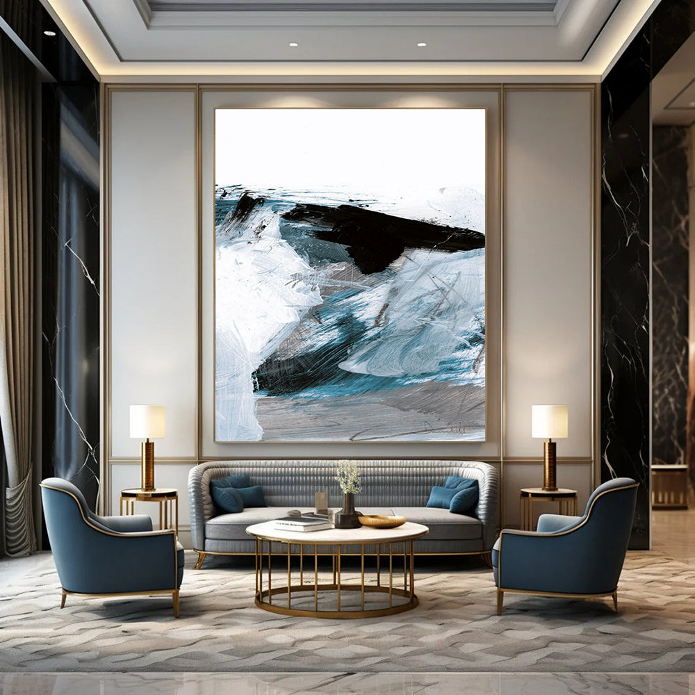 Blue and Black Dynamic Strokes Abstract Painting ADGE220