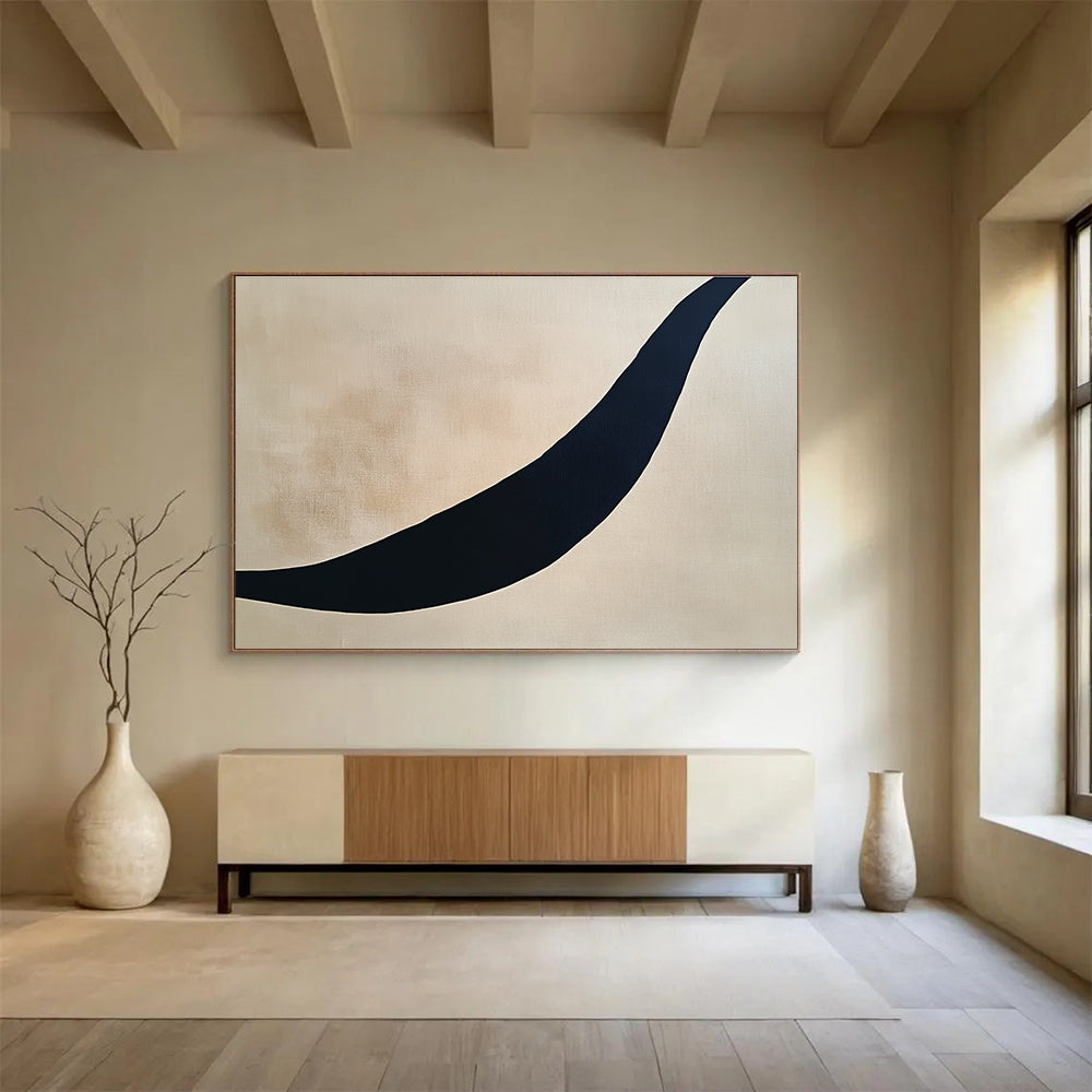 Curved Black Line on Beige Abstract Painting with Minimalist Design DYP584
