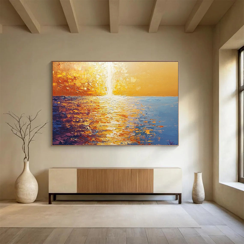 Golden Sunset Sea Abstract Painting with Reflective Textures DYP264