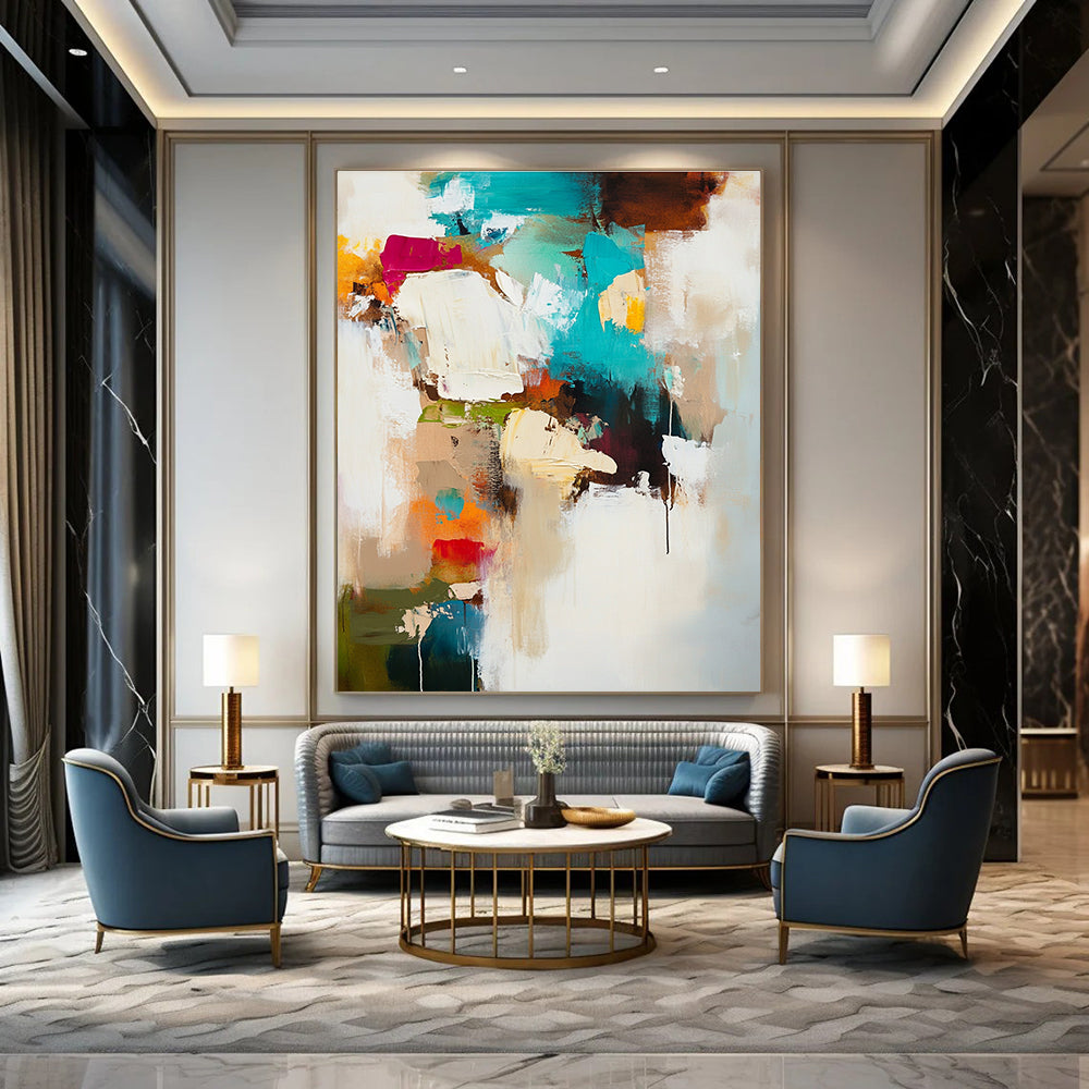 Large abstract painting in soft white and beige tones accented with teal brown and warm colors creating a moody dreamy atmosphere.STSC812