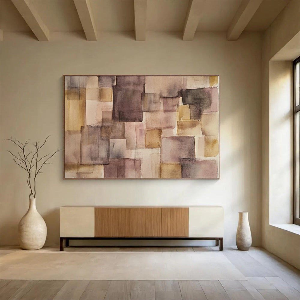 Large abstract watercolor artwork in soft pastel earth tones featuring a minimalistic patchwork design with an open central space ideal for modern decor.SC620