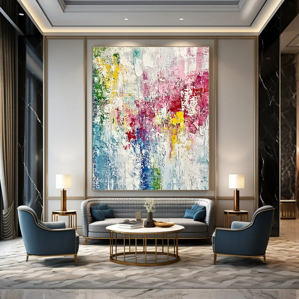 Large abstract painting on textured canvas with vibrant spring colors and thick brush strokes creating an impressionistic feel of growth and vitality.STSC721