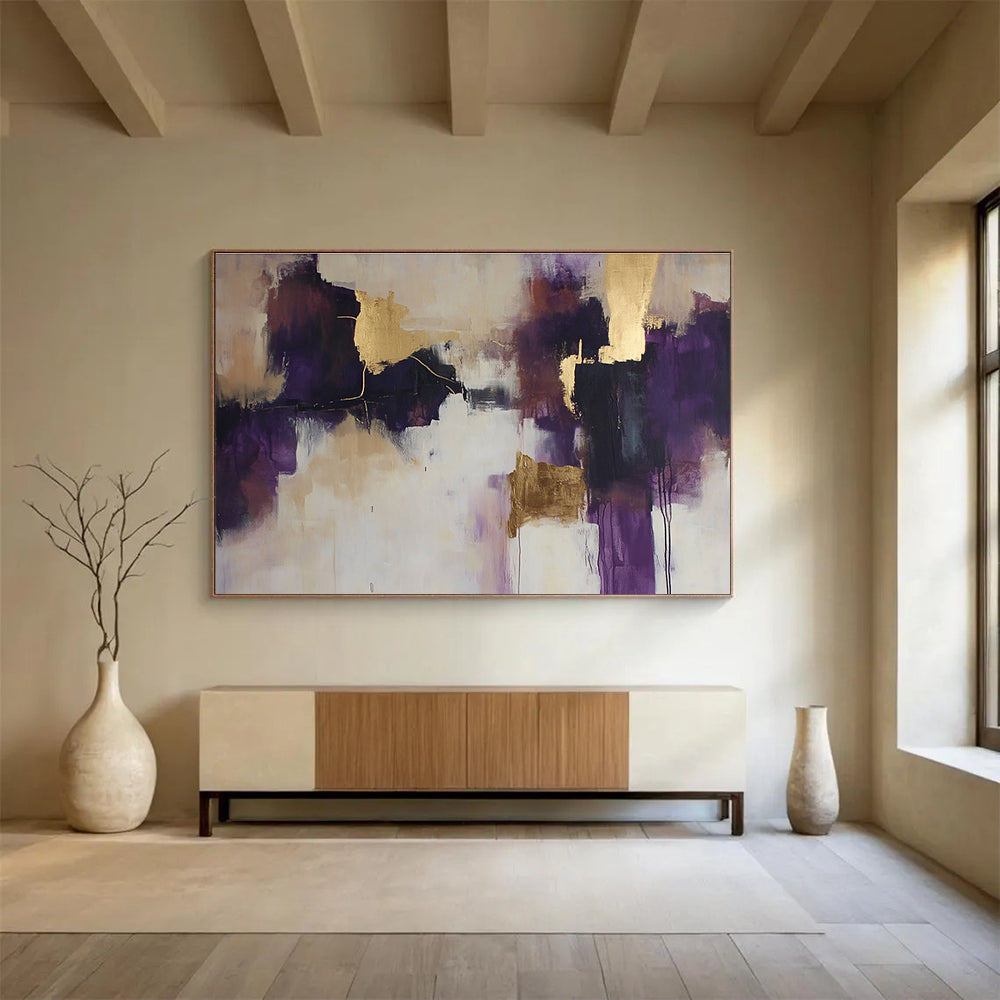 Purple and Gold Abstract Painting with Dynamic Forms DYP396