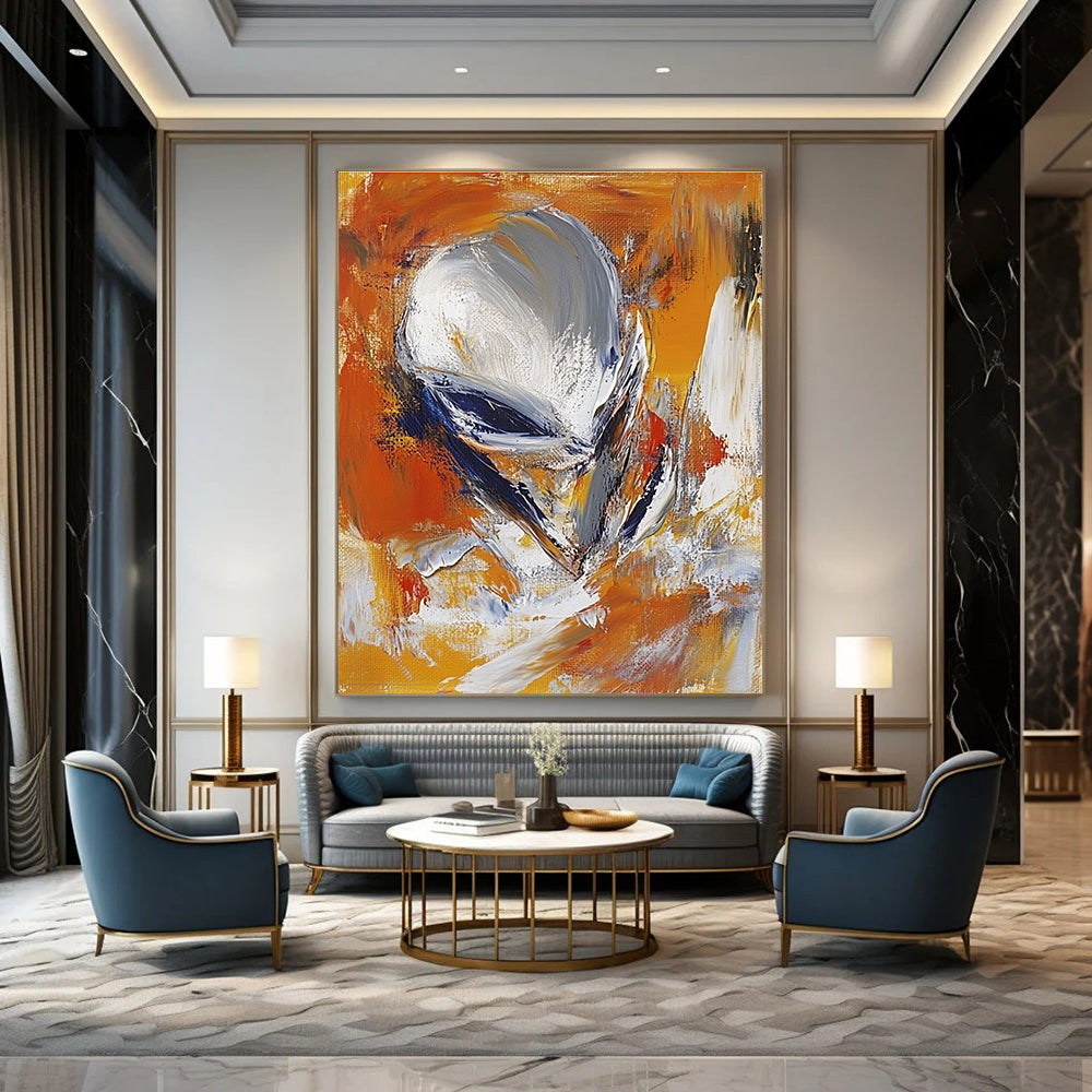 Large abstract painting in the style of James Britton featuring an alien figure in orange and white with blurred brush strokes.STSC626