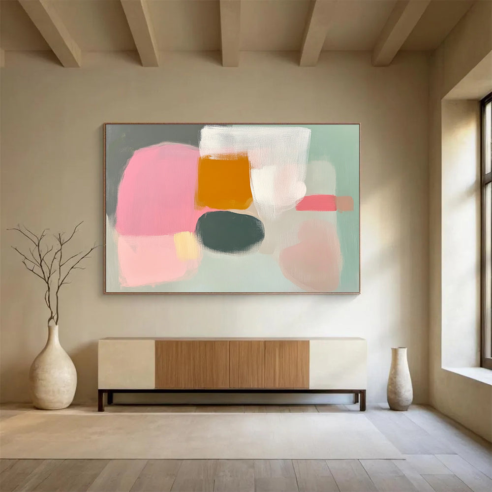 Large abstract painting in pink grey and white with loose brushwork soft pastels and negative space inspired by Etel Adnan.SC380