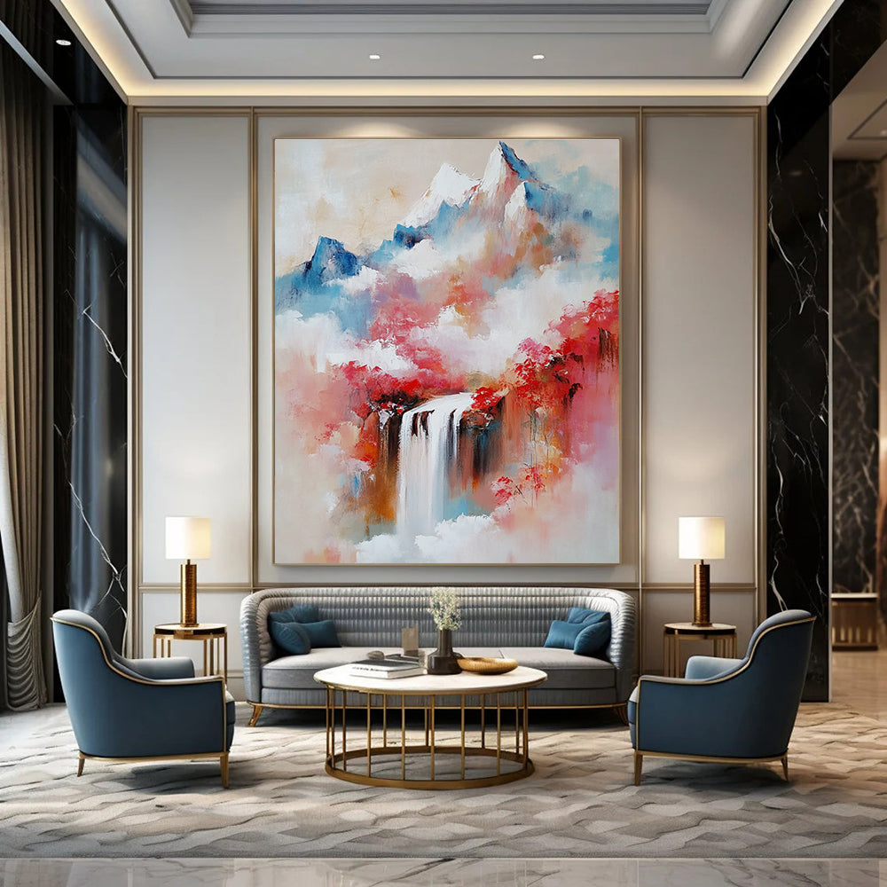 Large Abstract Oil Painting Featuring Mountains Waterfalls and Misty Atmosphere in Shades of Red and Pink With Delicate Brushstrokes.STSC171