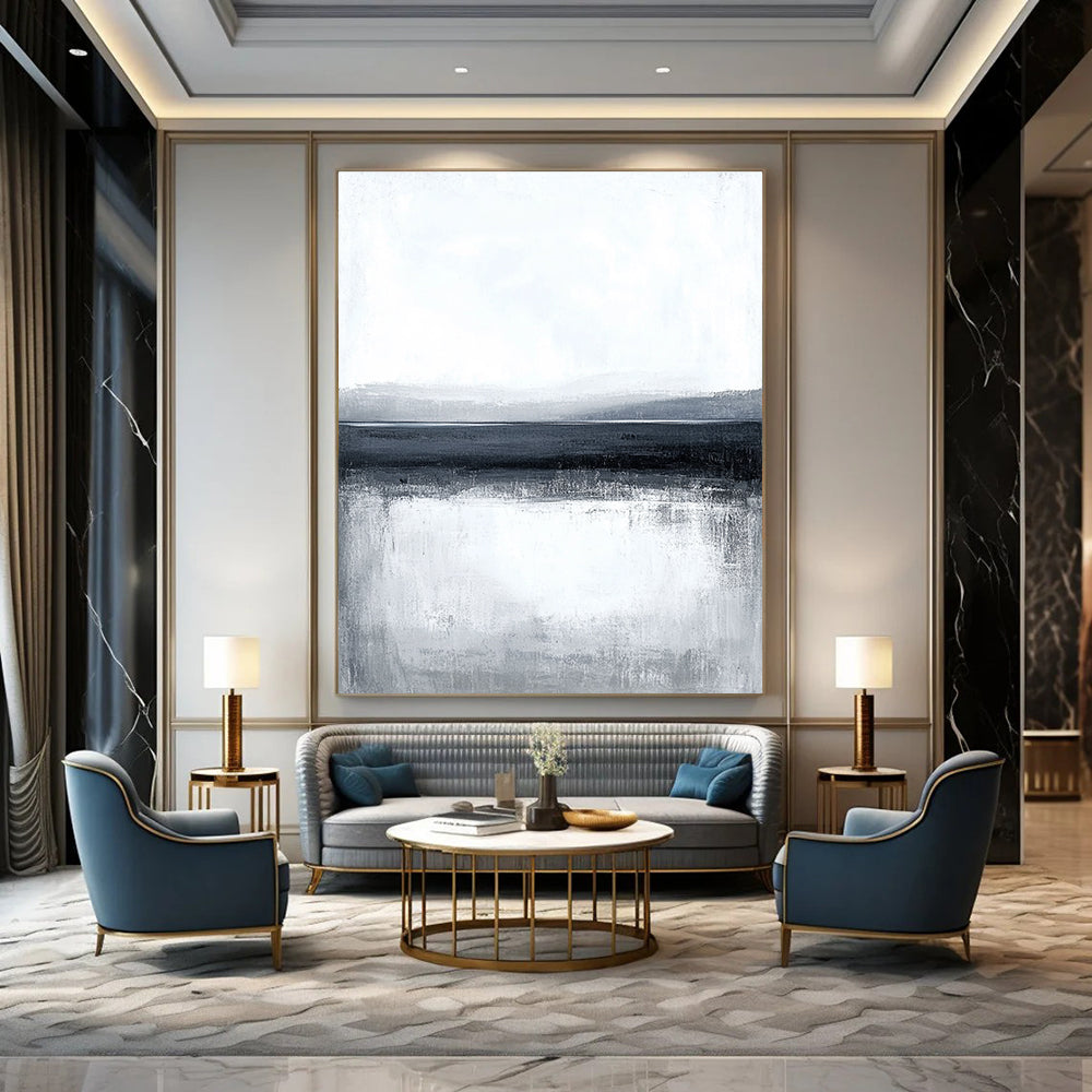 Large abstract painting featuring a serene water landscape with a gray sky and subtle brush strokes creating a calm minimalist design.STSC124
