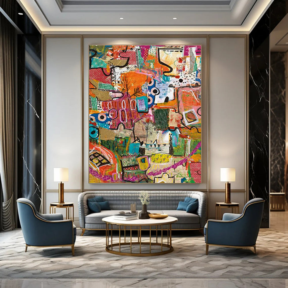 Eclectic Colorful Abstract Painting with Mixed Patterns ADGE293