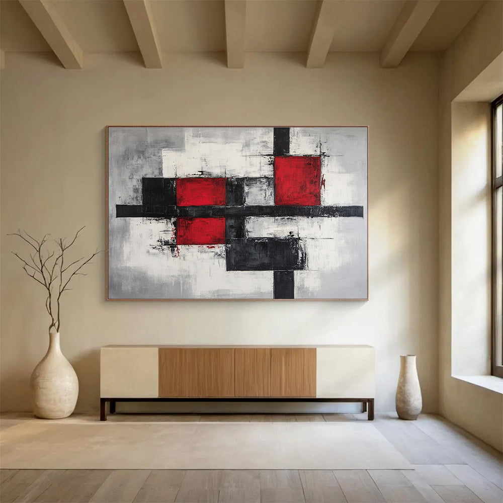 Large abstract painting features gray and red blocks with black lines on a gray background showcasing modern art style in high resolution.SC238