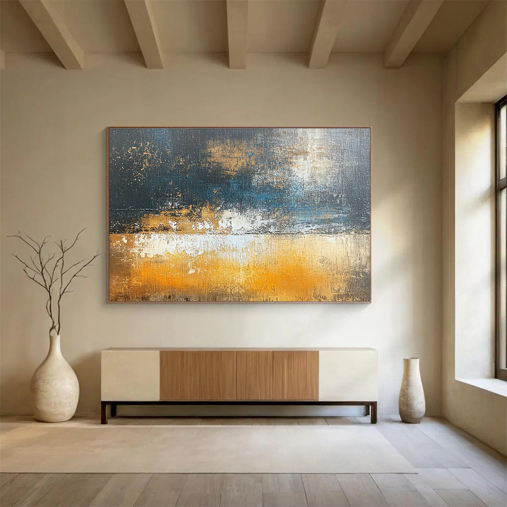 Large abstract oil painting depicting an urban landscape in dark gray and light amber with brown and blue accents using large brush strokes.SC109