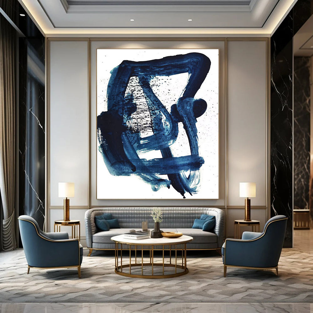 Dark Blue Dynamic Brushstrokes Abstract Painting ADGE161