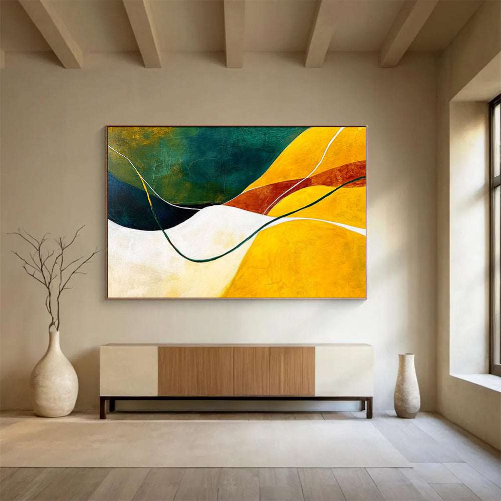Large abstract painting featuring dynamic yellow green and white lines conveying movement and depth inspired by the beauty of nature.SC268