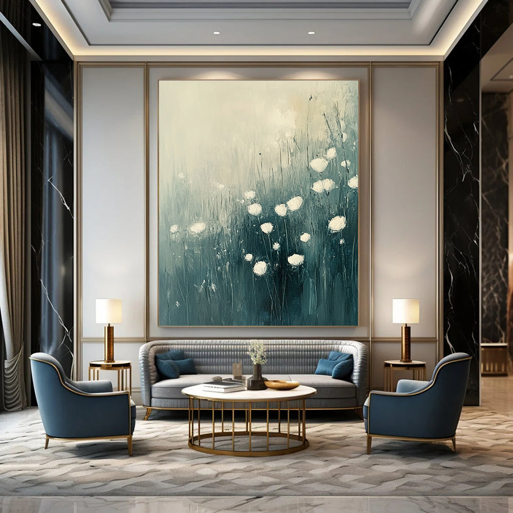 Large abstract oil painting of flowers in grass featuring white and light blue tones with muted colors, perfect for enhancing any space.STSC184