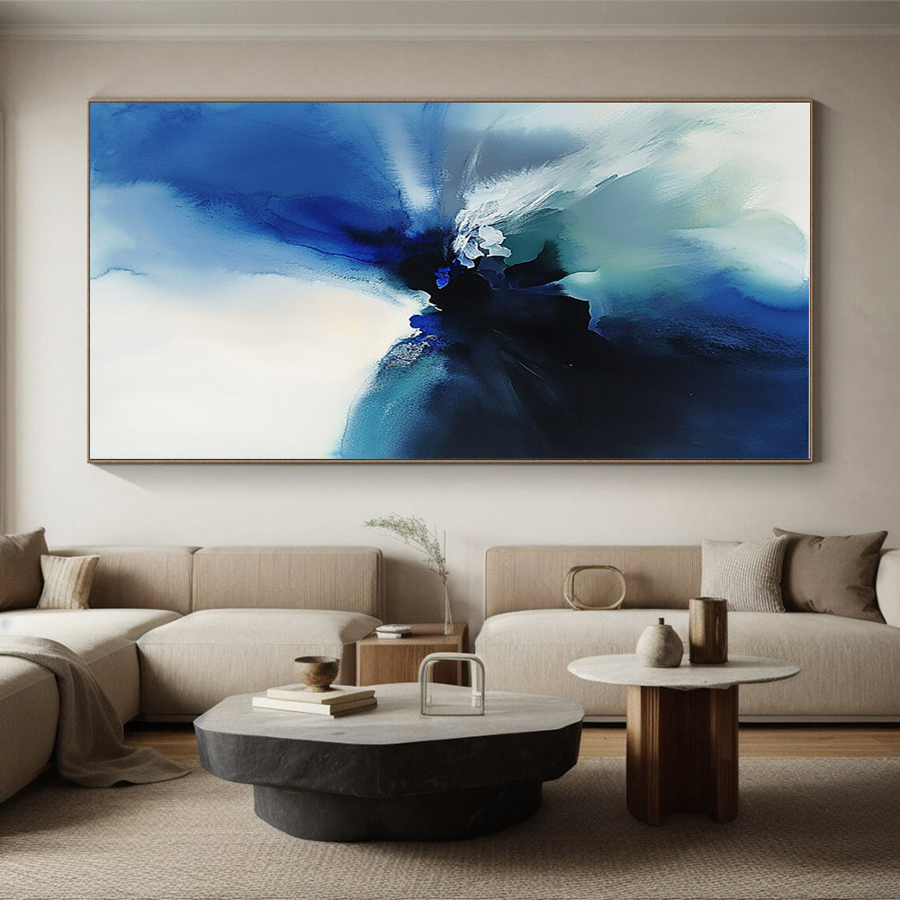 Blue Ink Abstract Painting with Fluid Motion GER389