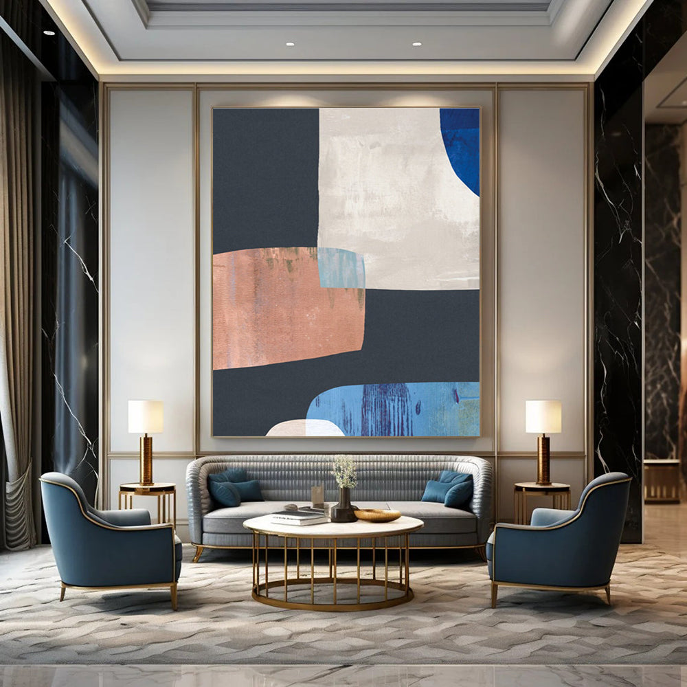 Geometric Abstract with Neutral and Blue Shapes Painting ADGE200