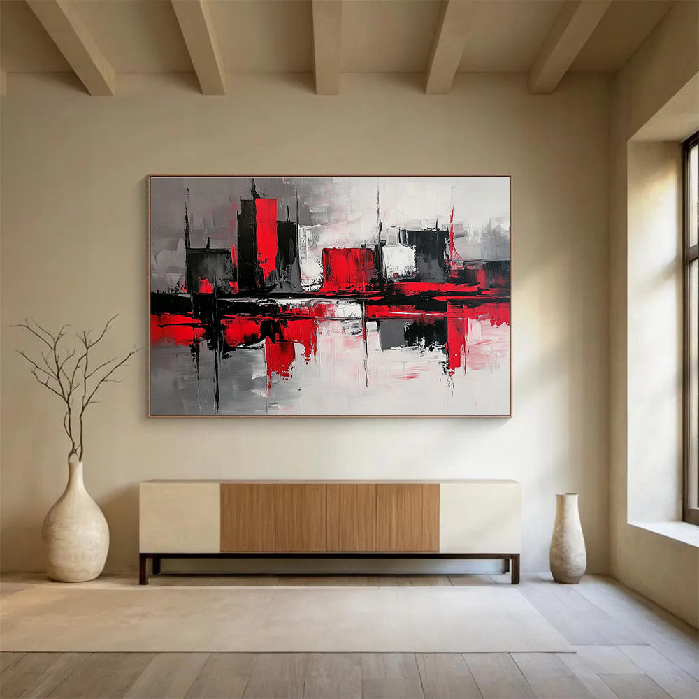 Abstract painting with gray and red color blocks depicting a minimalist urban street scene with reflective water surfaces and a mysterious atmosphere.SC239