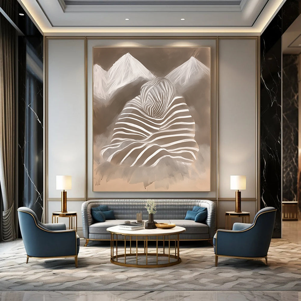 Abstract chalk drawing featuring zebra print with mountains and a woman's silhouette wrapped in a striped blanket in soft atmospheric tones.STSC1474