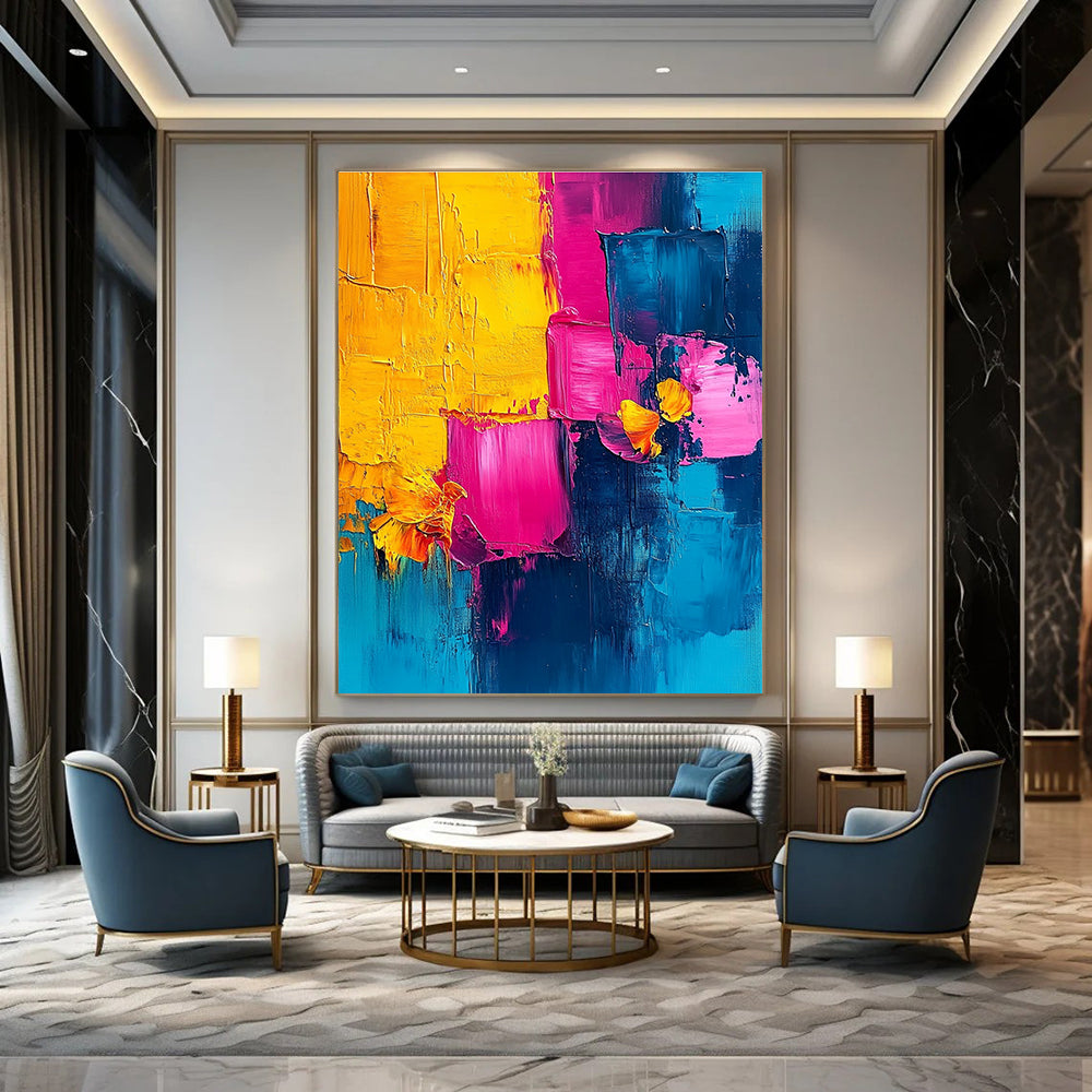 Vibrant abstract painting with pink blue yellow and teal using palette knife technique perfect for enhancing any space.STSC495