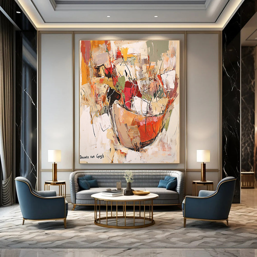Large abstract painting featuring an earthenware jar overflowing with vibrant fabric and paper, set against a soft neutral background with floating elements.STSC639